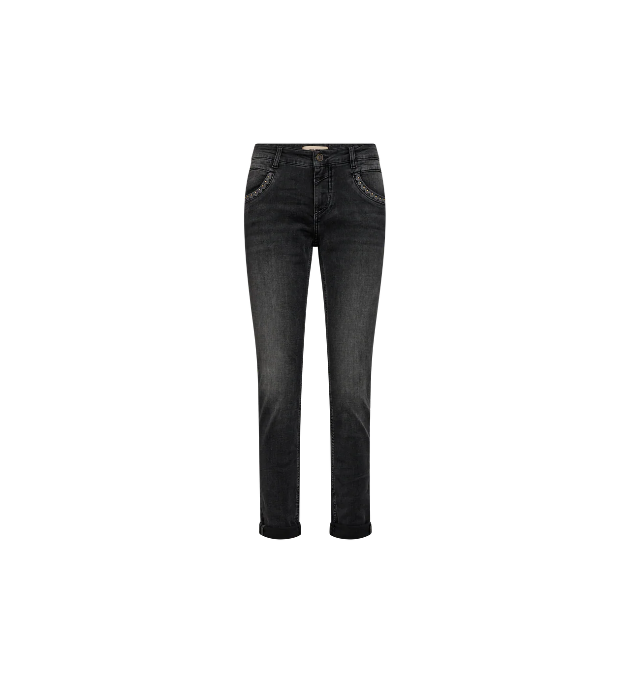 Mos Mosh Naomi Perla grey skinny jeans flat lay, front view with embroidered pocket detail.