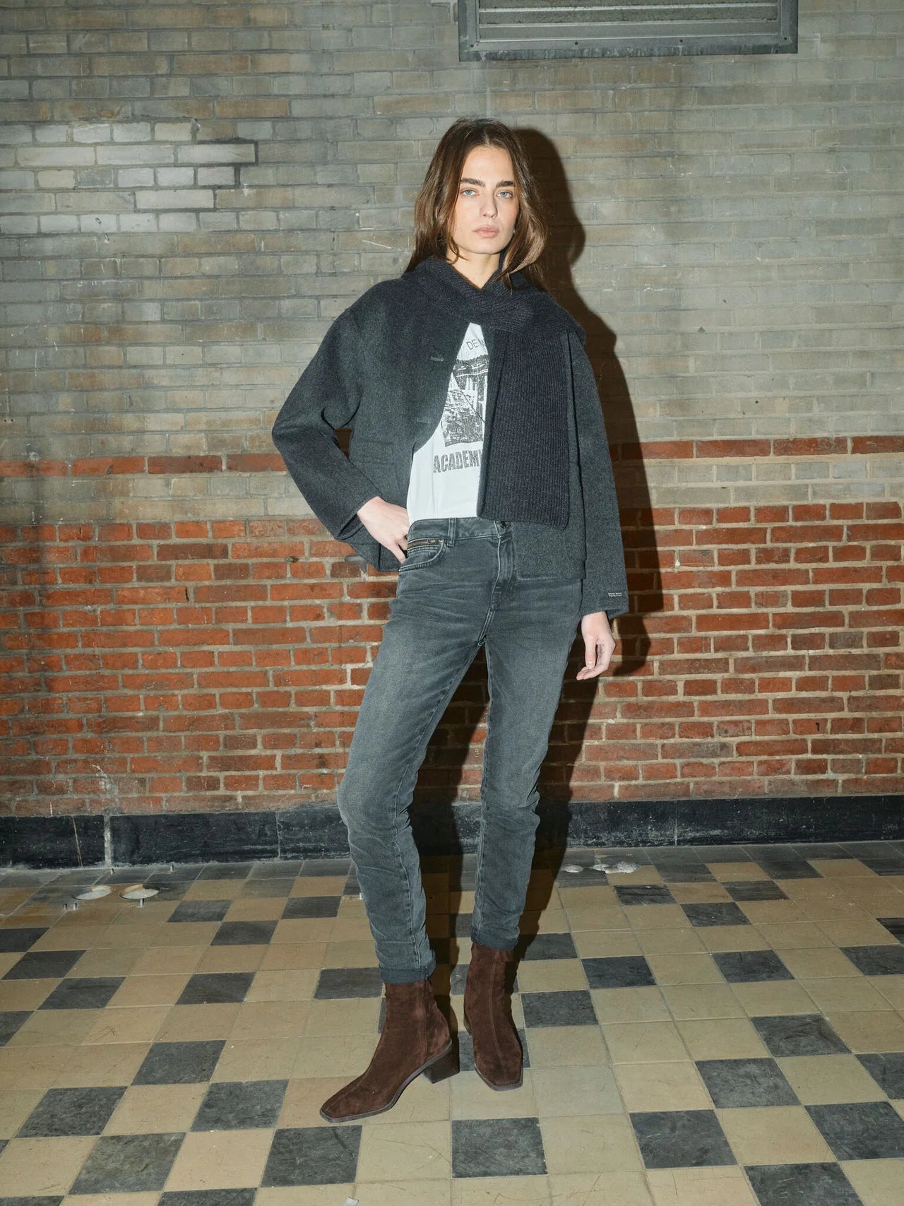 Full-length look: Mos Mosh Loisa charcoal wool jacket styled with tee, grey jeans and boots.