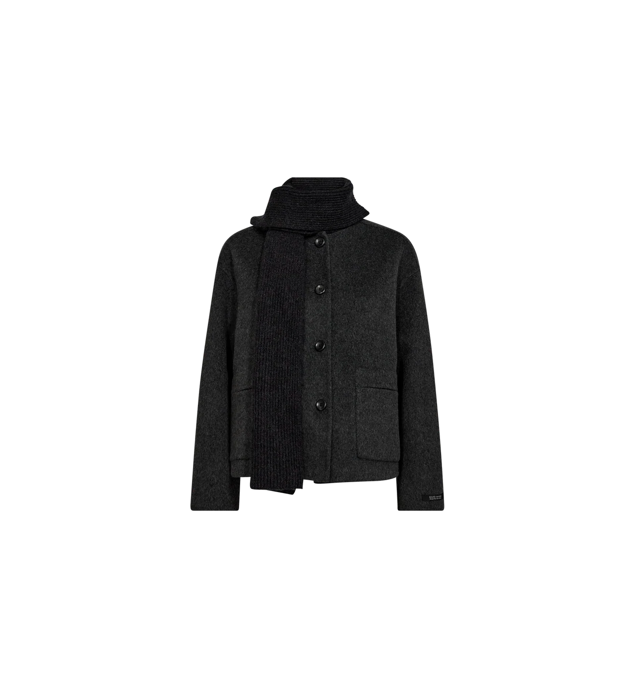 Mos Mosh Loisa charcoal wool jacket — front product image with button fastening and collarless round neck.