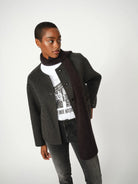 Mos Mosh Loisa wool jacket in charcoal grey — front on model, collarless round neck.