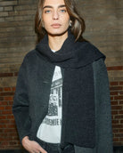 Waist-up shot of Mos Mosh Loisa charcoal wool jacket on model, knitted scarf layered over round-neck collar.