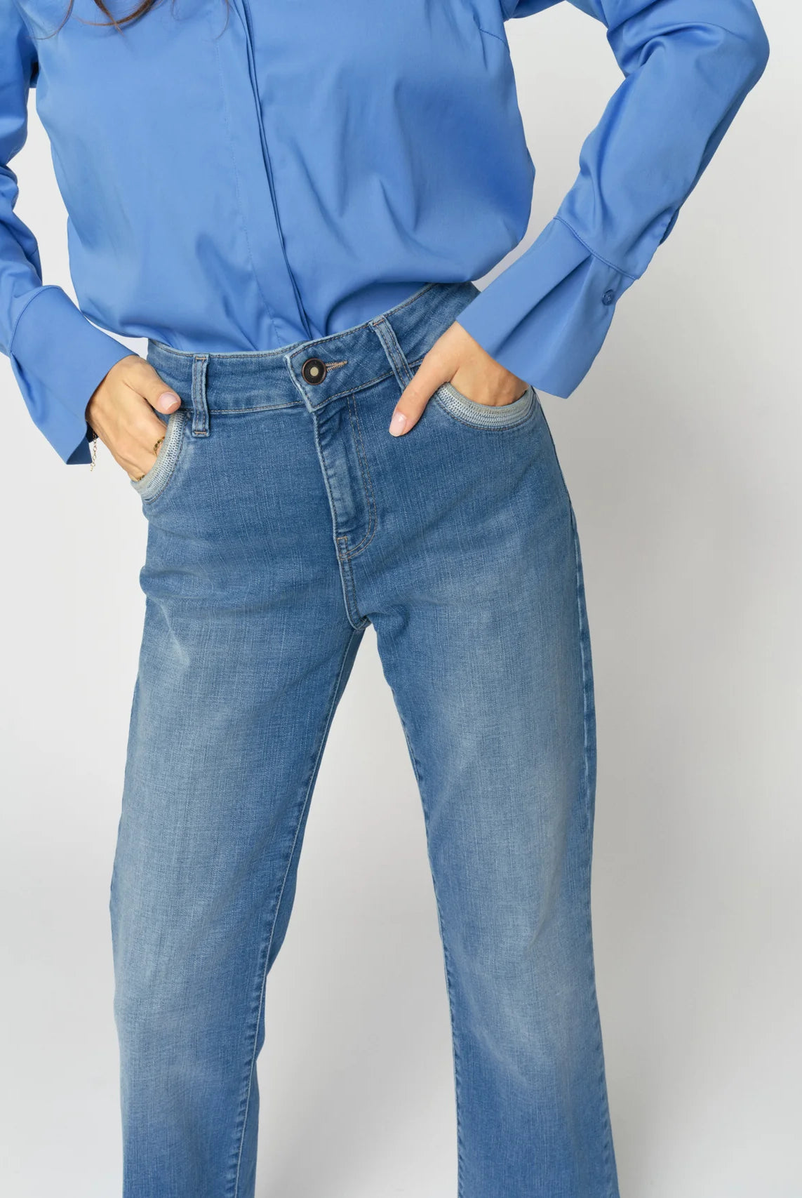 Mos Mosh Cecilia Perla blue flared jeans front waist detail