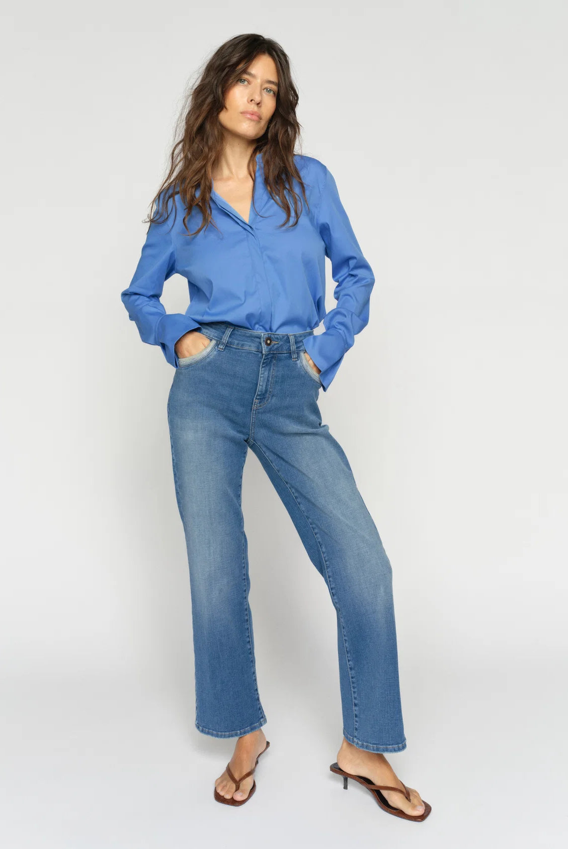 Mos Mosh Cecilia Perla blue high waisted flared jeans styled on model