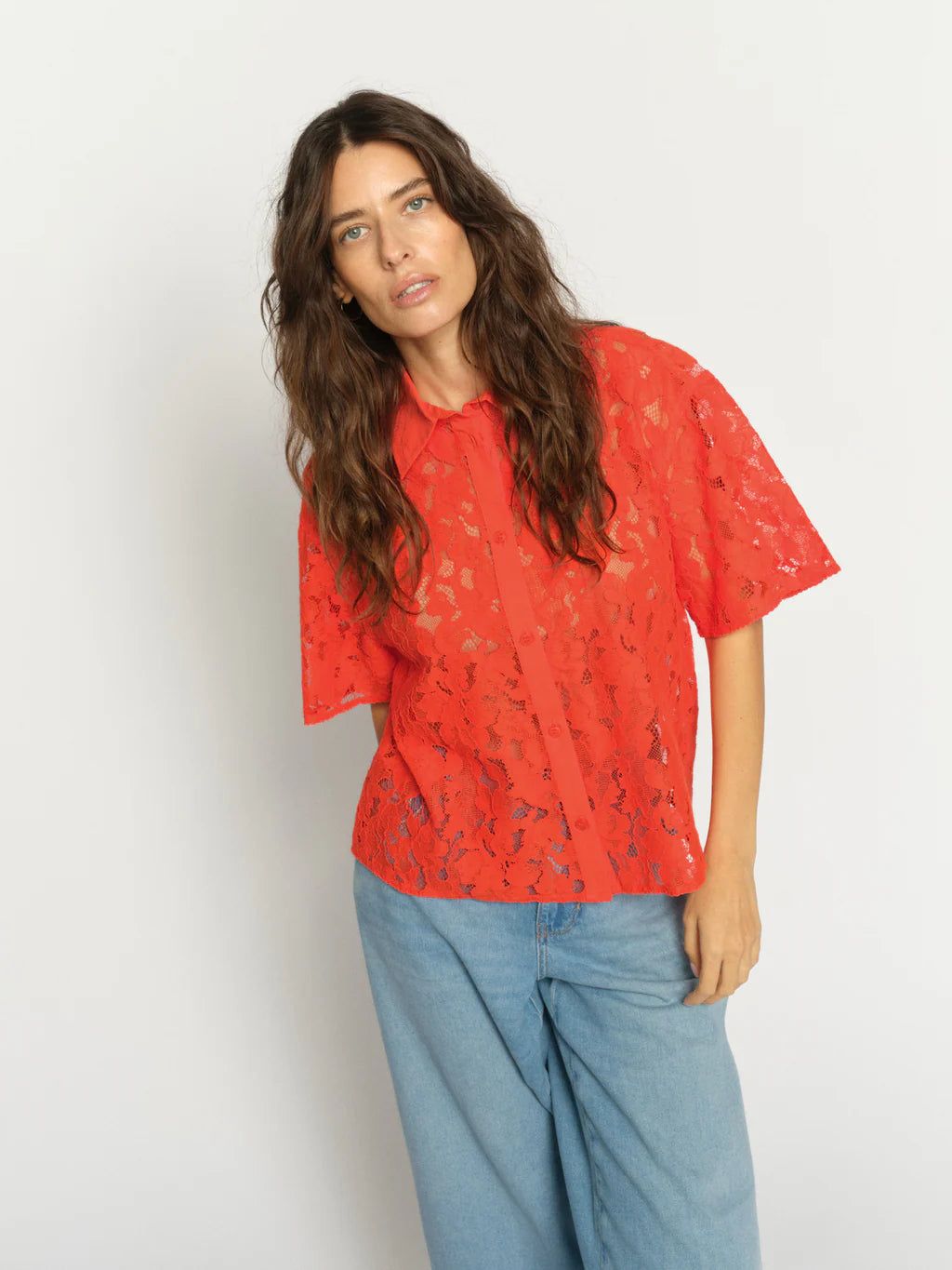 Mos Mosh Lia River lace blouse relaxed fit short sleeve detail