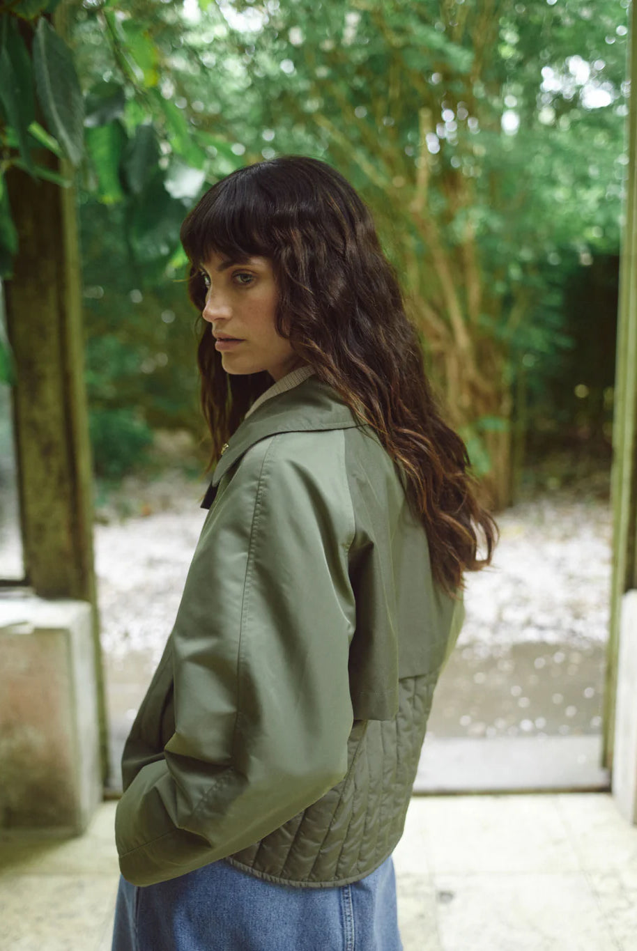 Mos Mosh Zyla Neola trench jacket back view with quilted panel