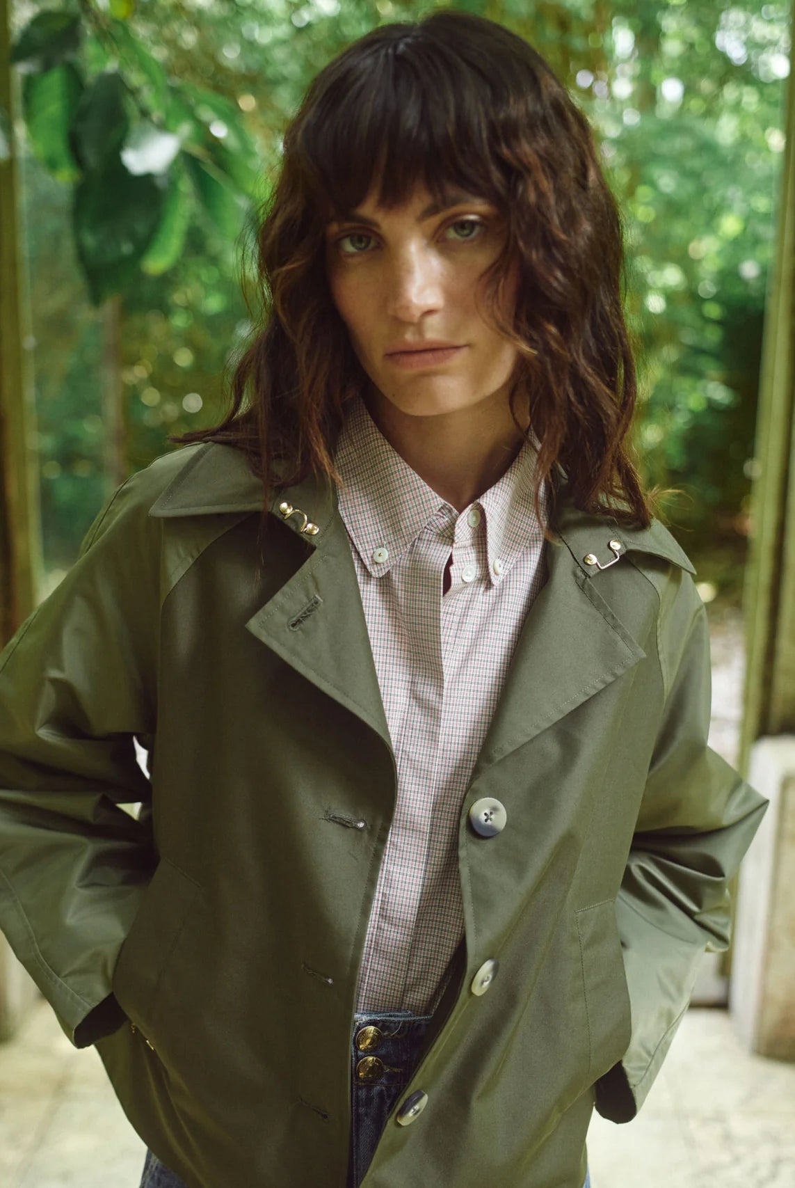 Mos Mosh Zyla Neola olive cropped trench jacket front view