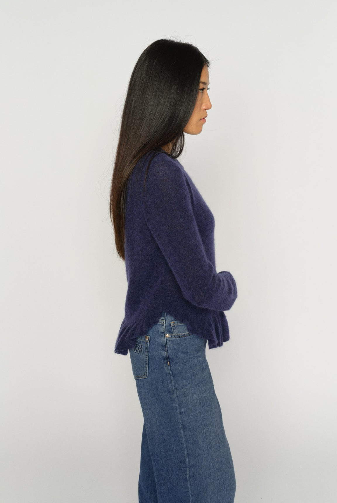 Mos Mosh Mape Alice knit cardigan in navy blue, side profile highlighting soft drape and lightweight cozy knit