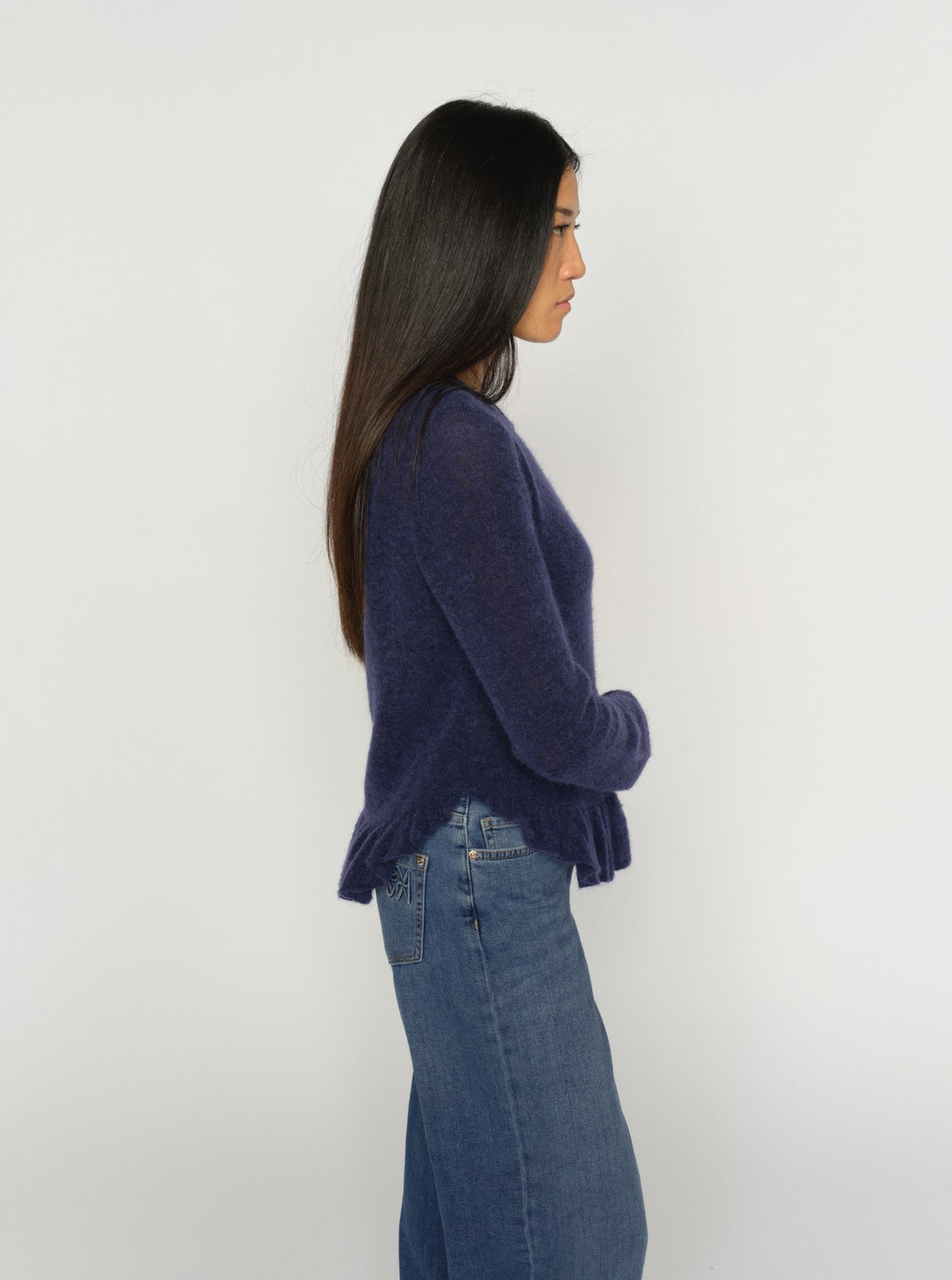 Mos Mosh Mape Alice knit cardigan in navy blue, side profile highlighting soft drape and lightweight cozy knit