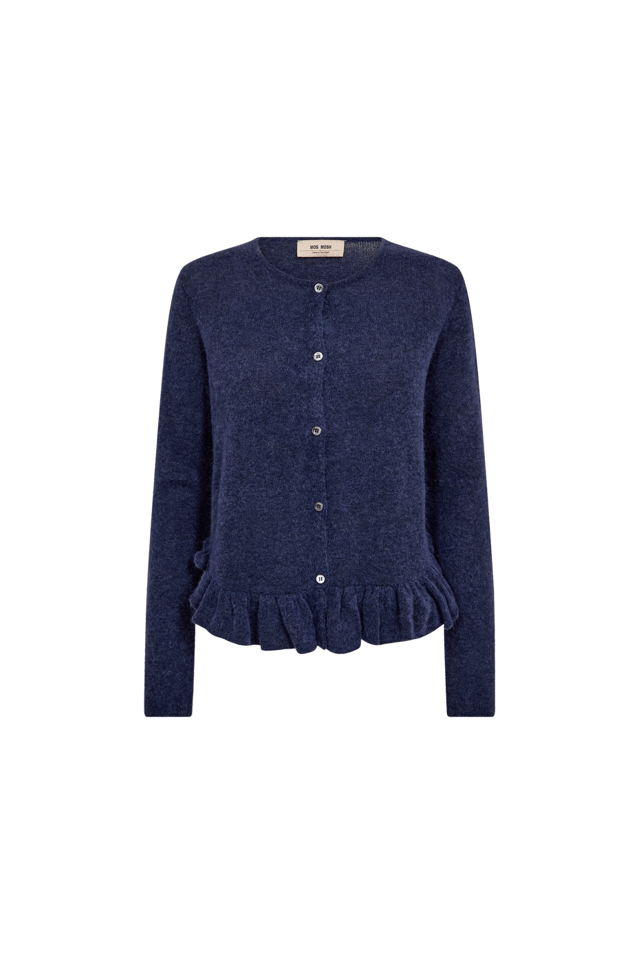 Mos Mosh Mape Alice knit cardigan navy, front view showing round neckline, button fastening and softly textured knit