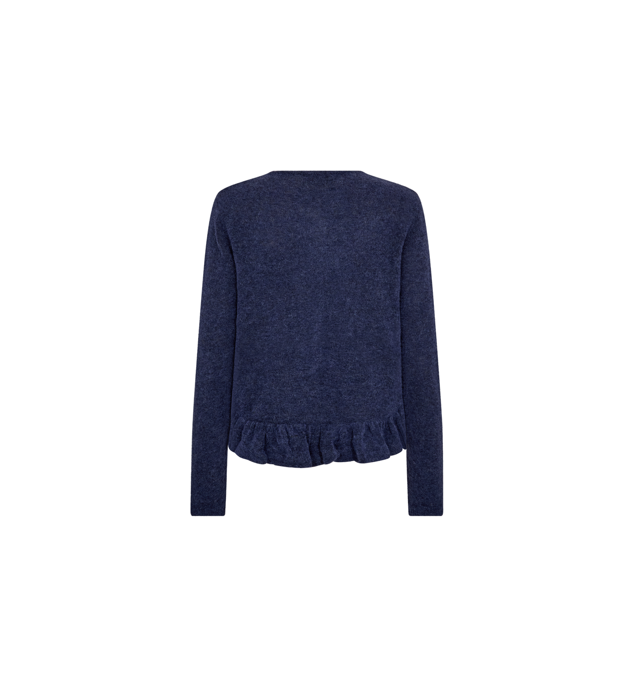 Mos Mosh Mape Alice knit cardigan navy, back view with relaxed shape and gently gathered frill hem