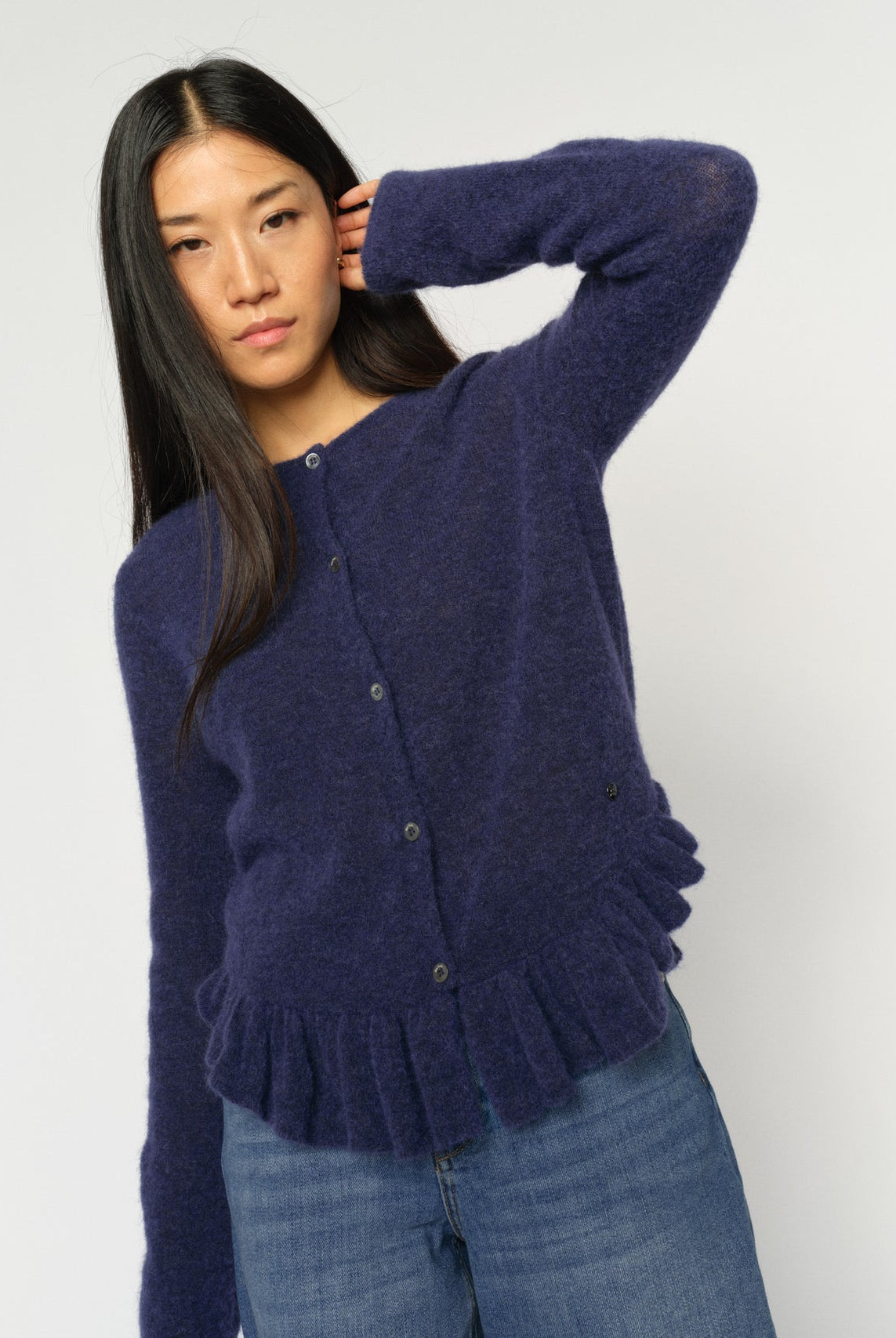 Mos Mosh Mape Alice knit cardigan in navy blue, soft wool-blend cardigan with button front and subtle frill he