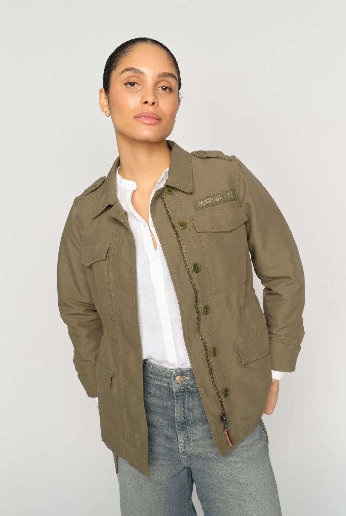 Mos Mosh Tinsley Fredric relaxed fit khaki utility jacket with concealed fastening and flap pockets
