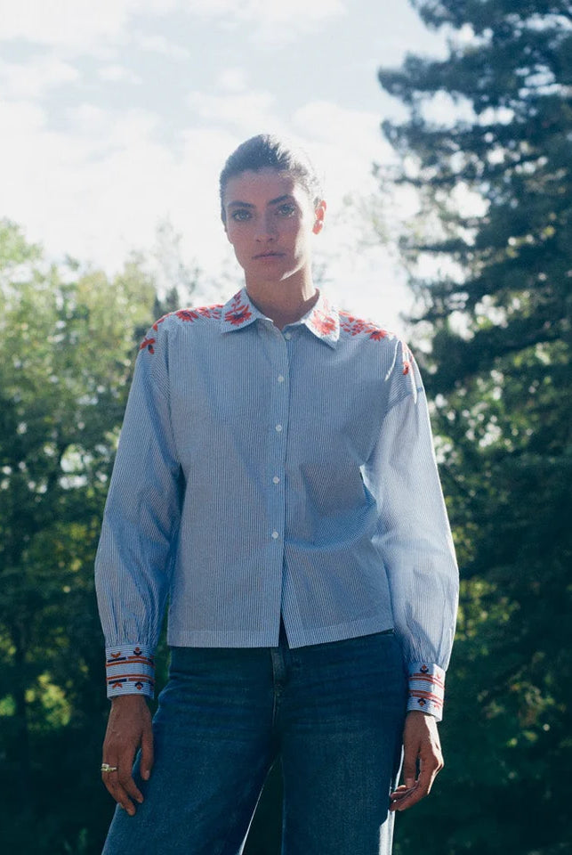 Mos Mosh Osmo blue white stripe embroidered shirt product view