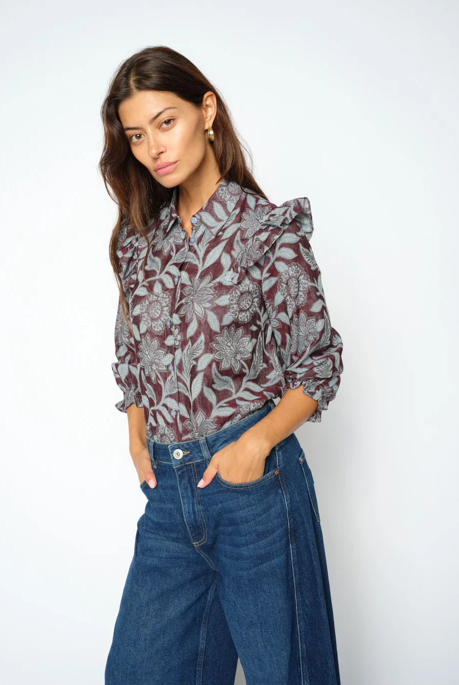 MOS MOSH Debby Visi Flip burgundy floral ruffle shirt on model