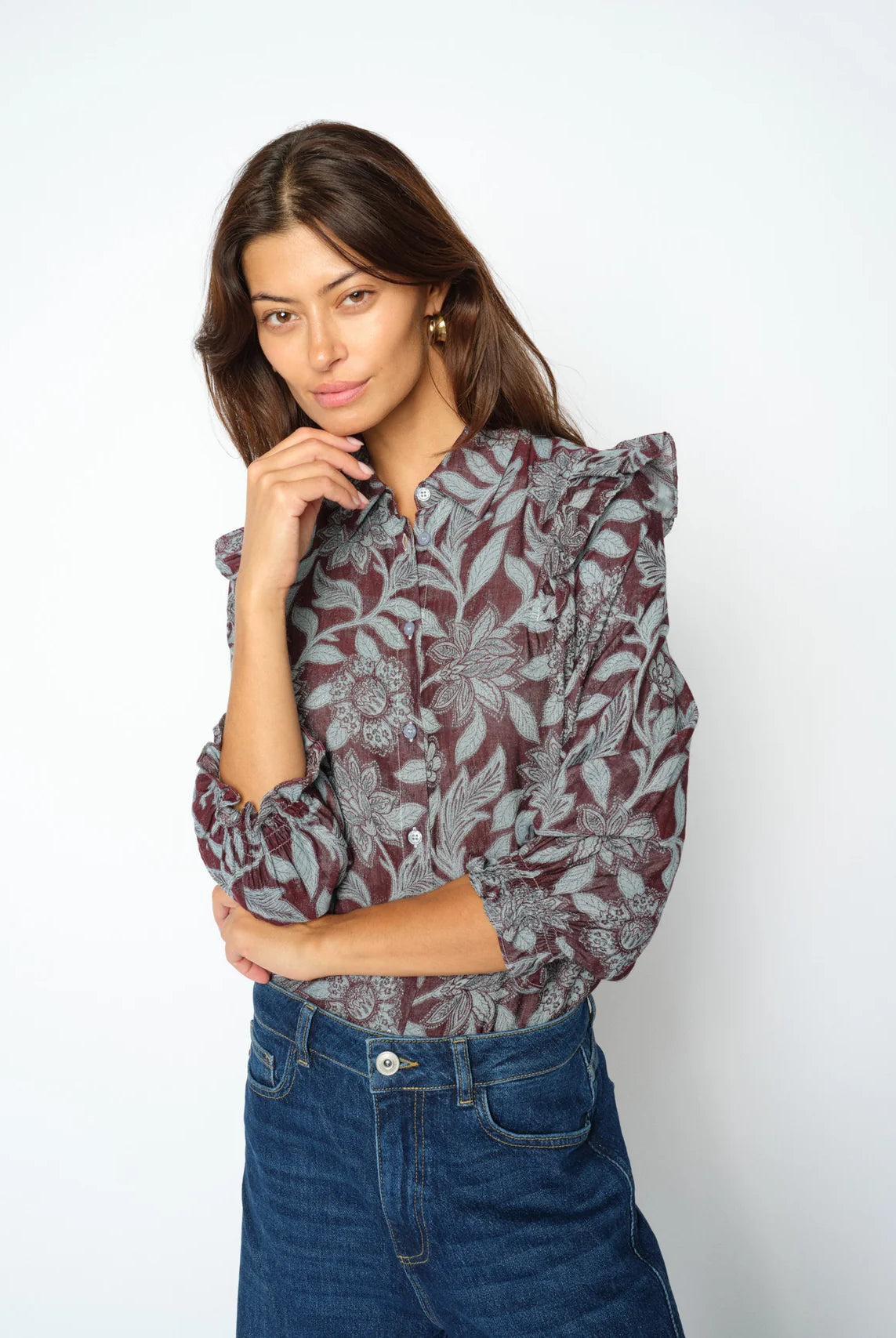 MOS MOSH Debby Visi Flip burgundy floral ruffle shirt on model