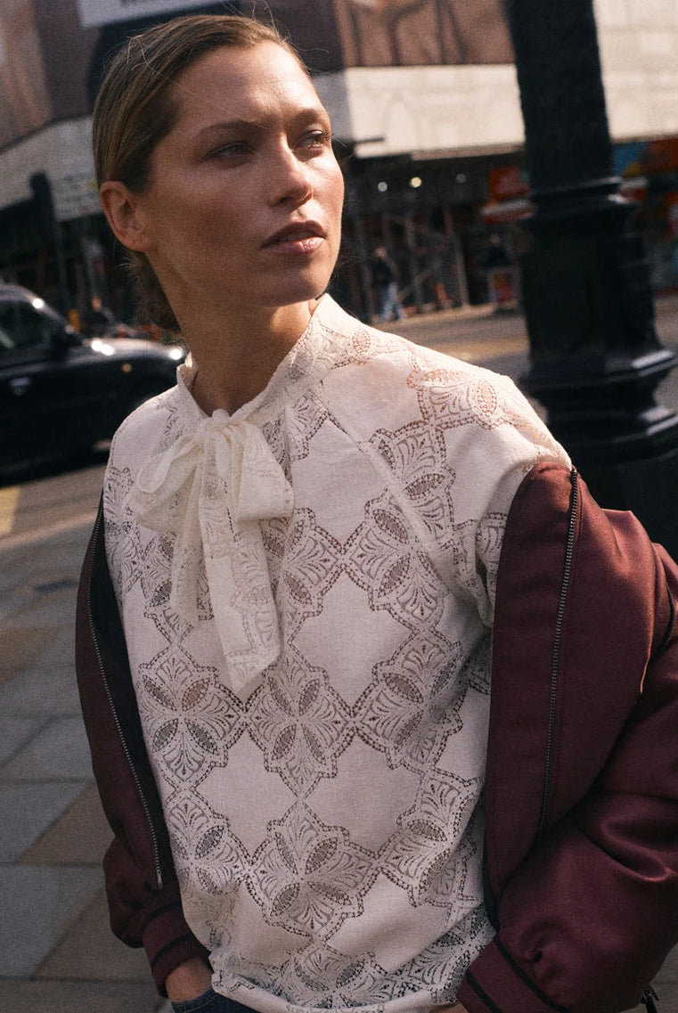 Mos Mosh Tamlyn ecru lace blouse neckline and sleeve detail