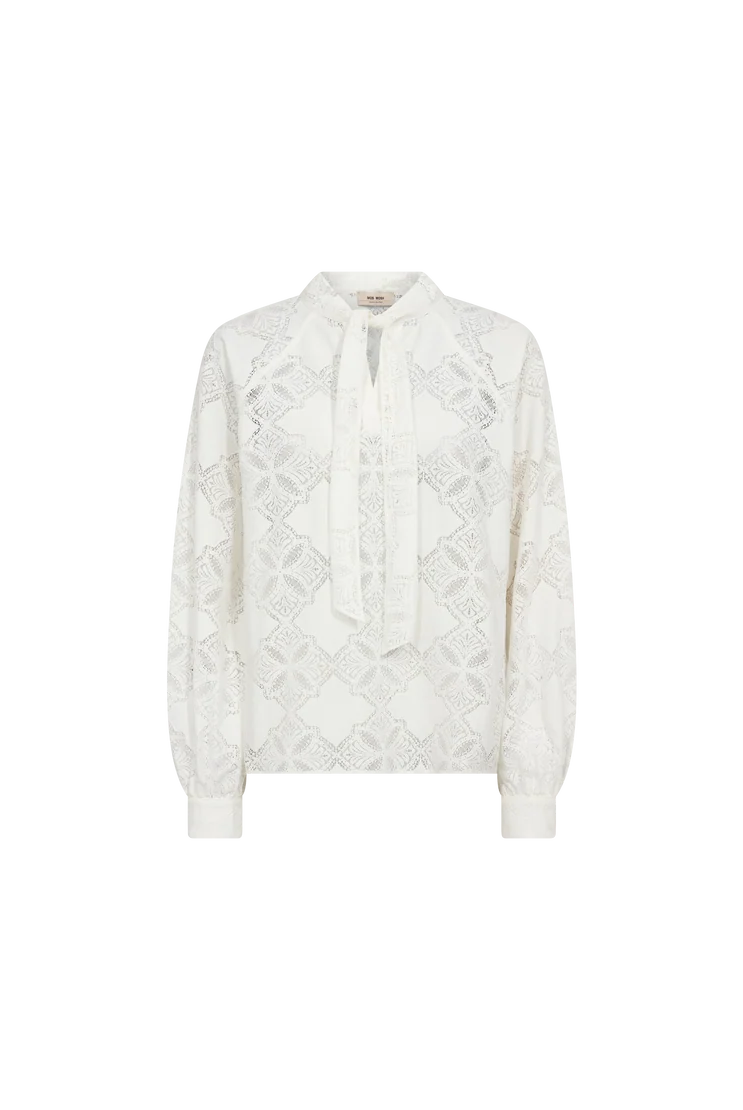 Mos Mosh Tamlyn ecru tie neck lace blouse front product view