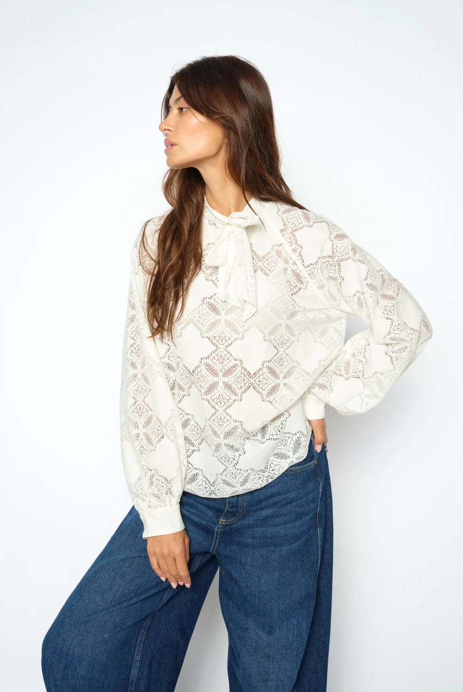Mos Mosh Tamlyn ecru tie neck lace blouse styled with blue jeans