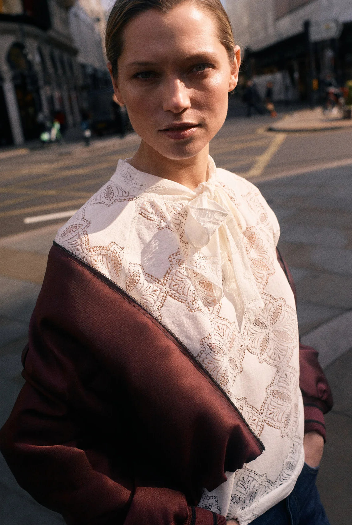 Mos Mosh Tamlyn ecru sheer lace tie neck blouse styled outdoors