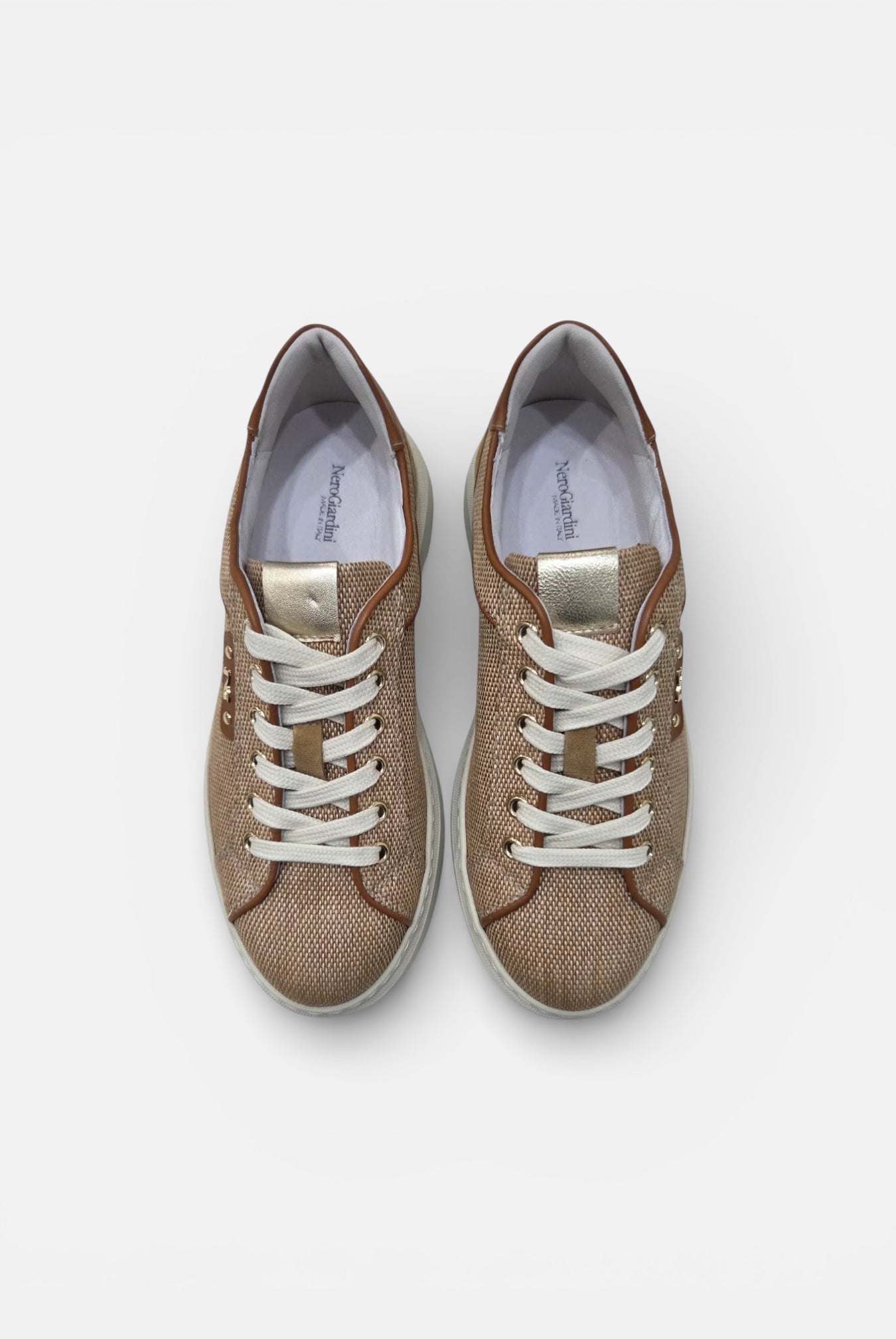 NeroGiardini raffia platform trainers tan leather trim pair view