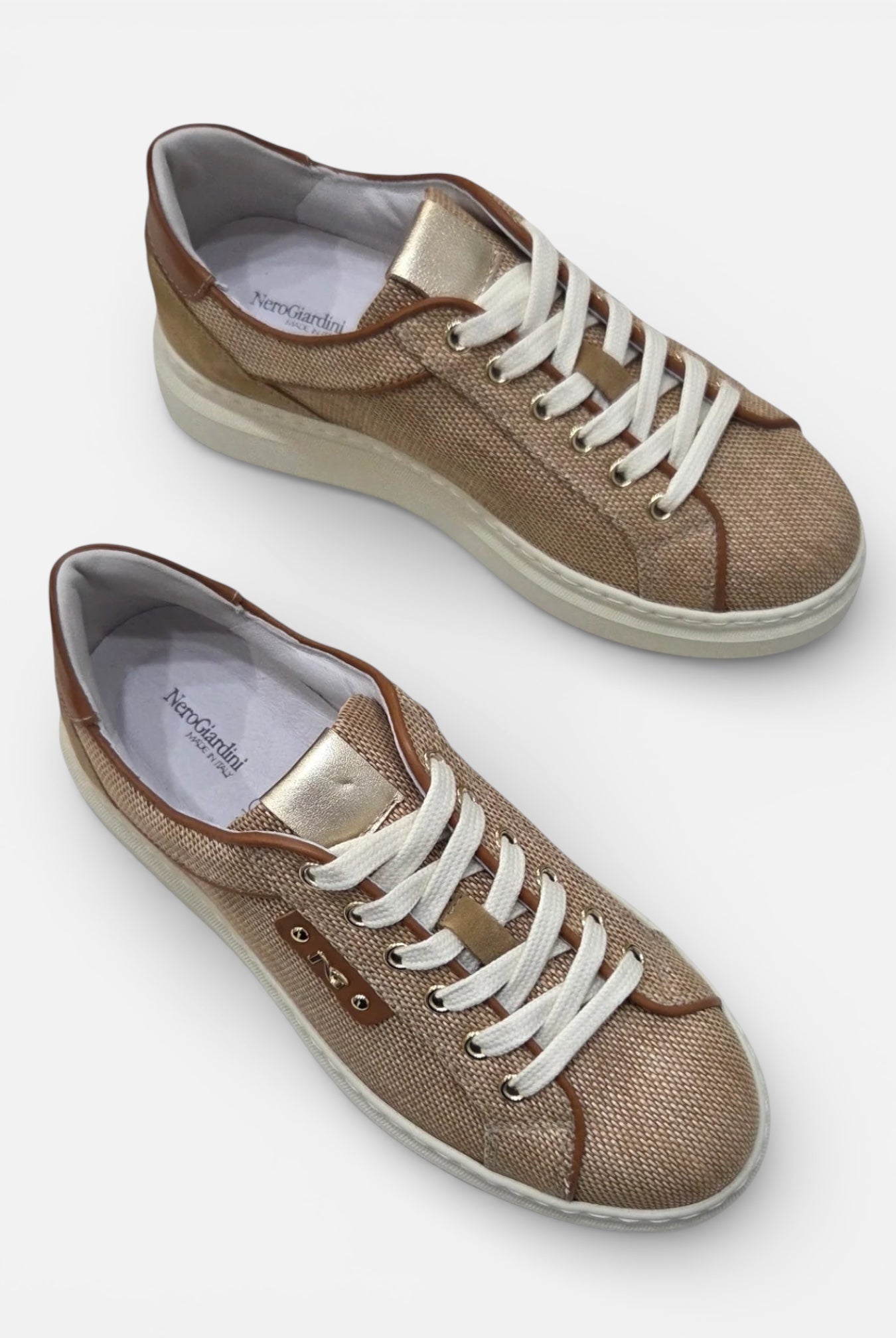 NeroGiardini raffia trainers platform sole pair view