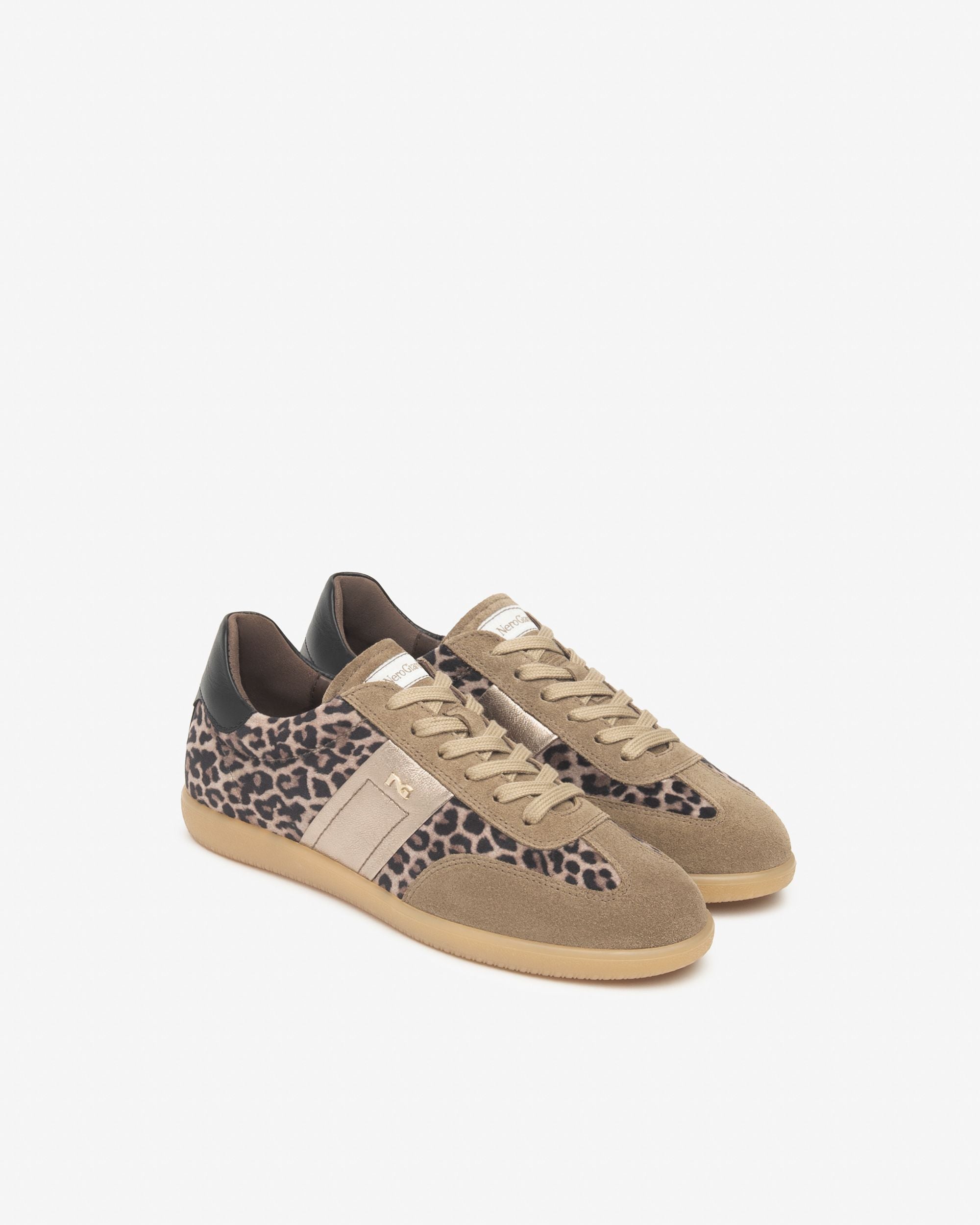 NeroGiardini side view of beige suede trainers with leopard design