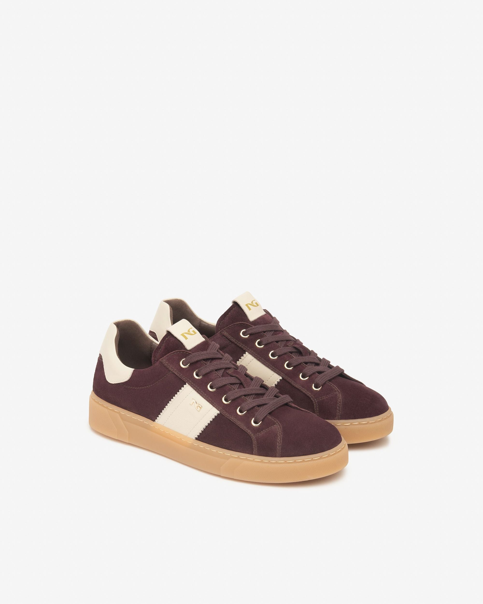 NeroGiardini Burgundy suede lace-up trainer with ivory stripe and rubber sole