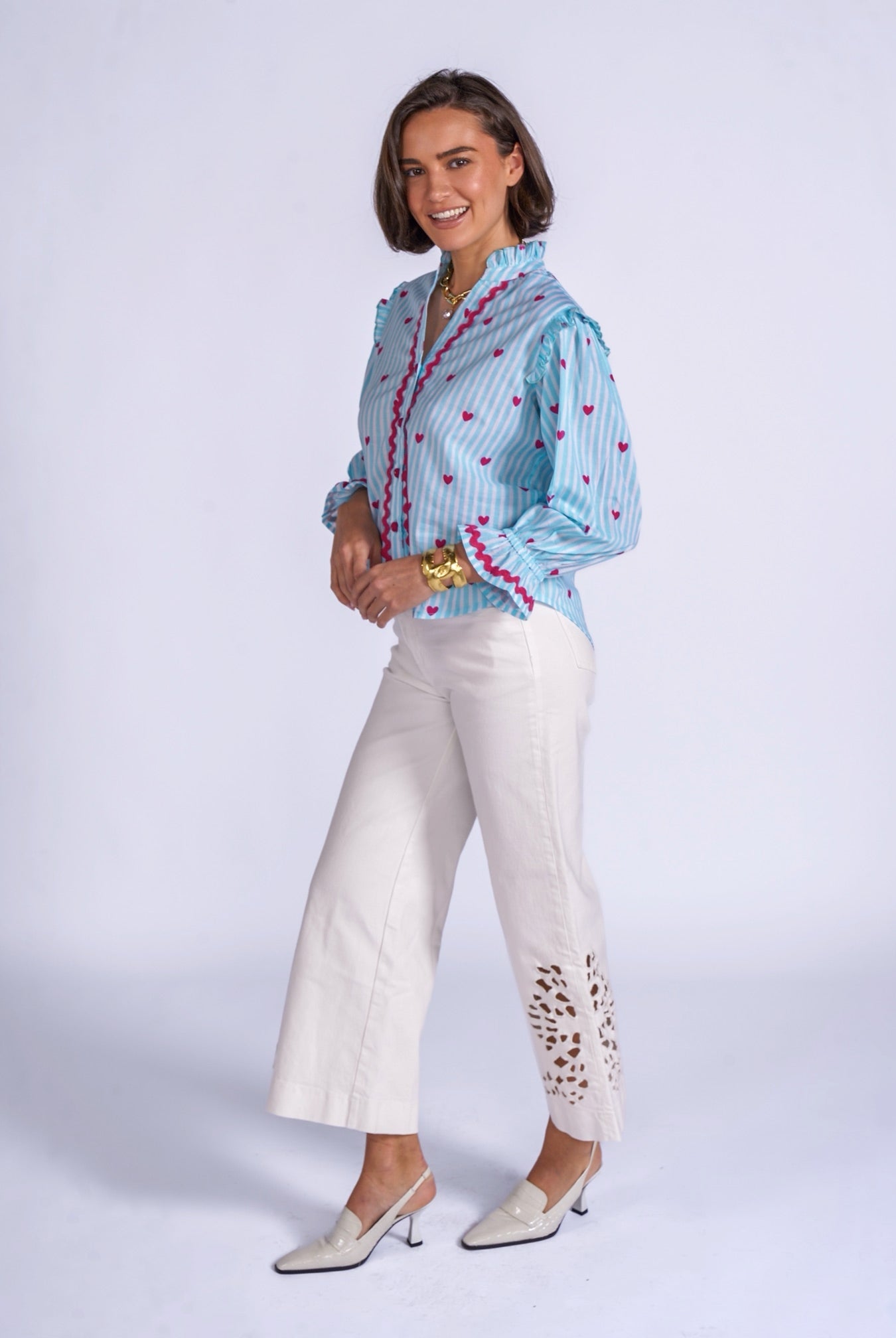 New Day Originals Beo heart print blouse ric rac trim detail blue stripe