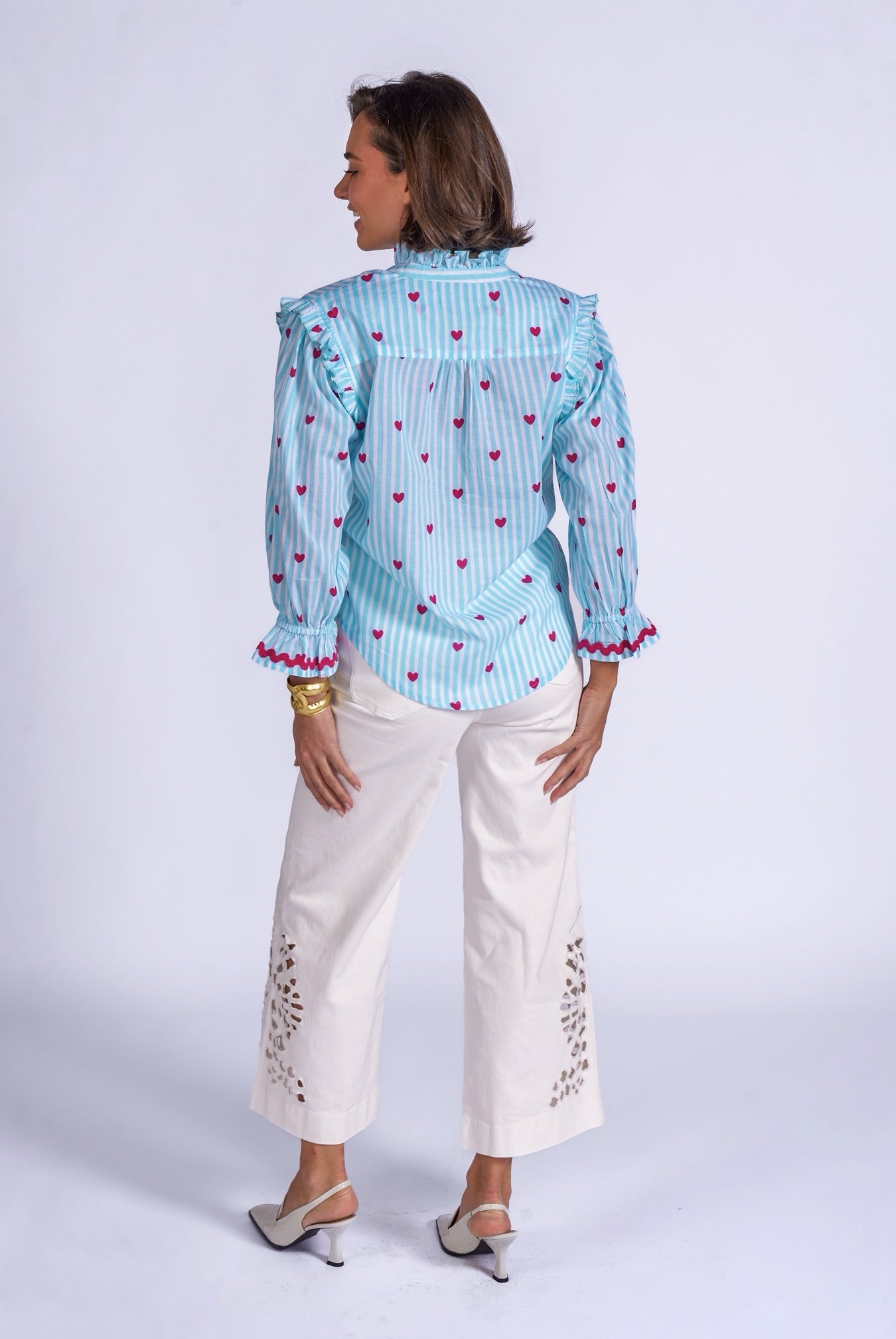 New Day Originals Beo cotton blouse back view relaxed fit blue stripe