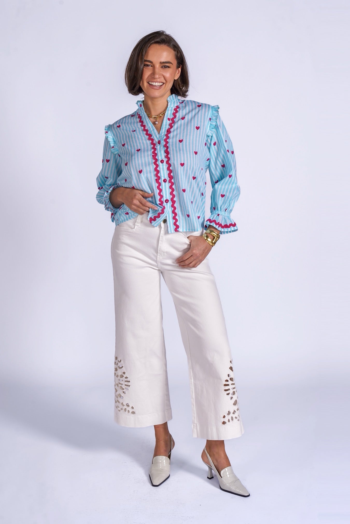 New Day Originals Beo blue stripe heart print cotton blouse front view