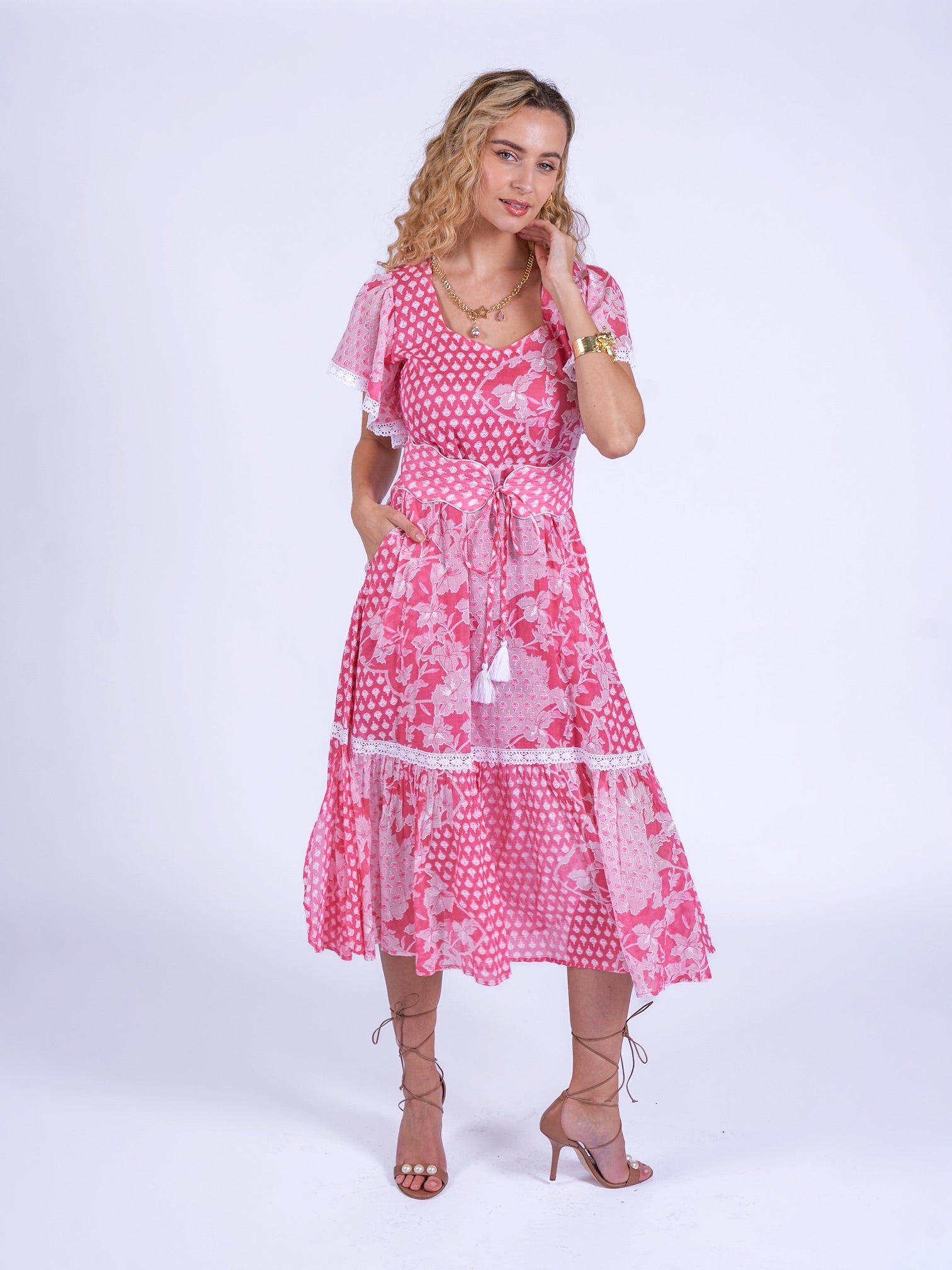 New Day Originals pink printed midi dress front view