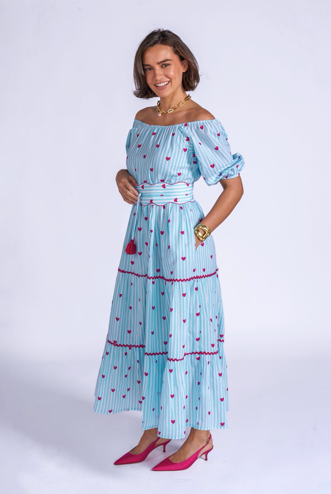 Off shoulder heart print midi dress blue stripe New Day Originals