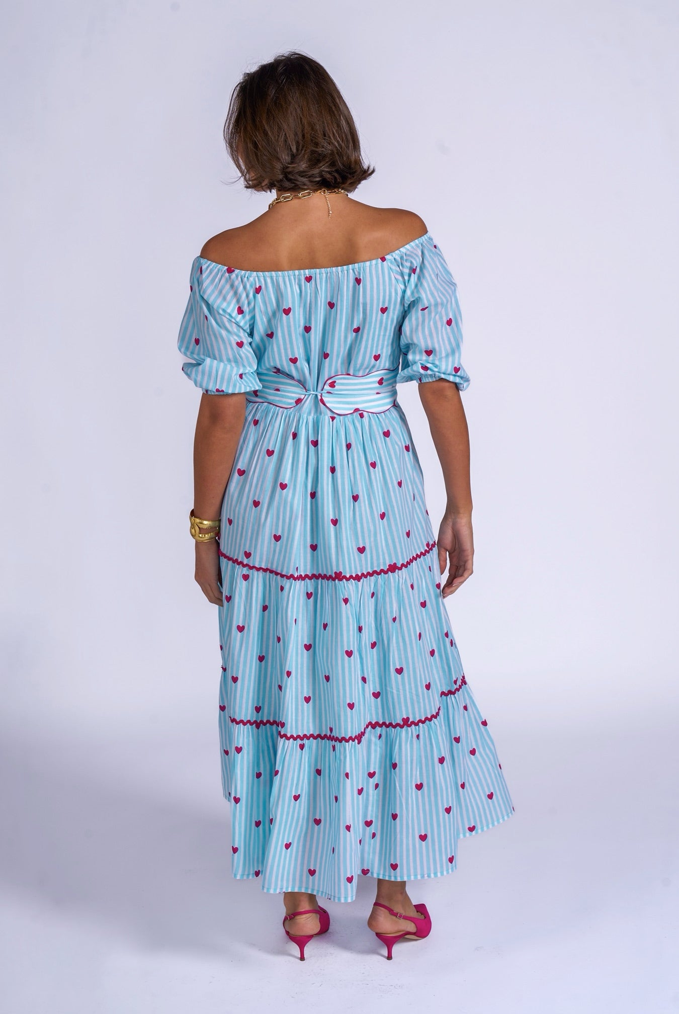 Back view heart print tiered midi dress blue stripe
