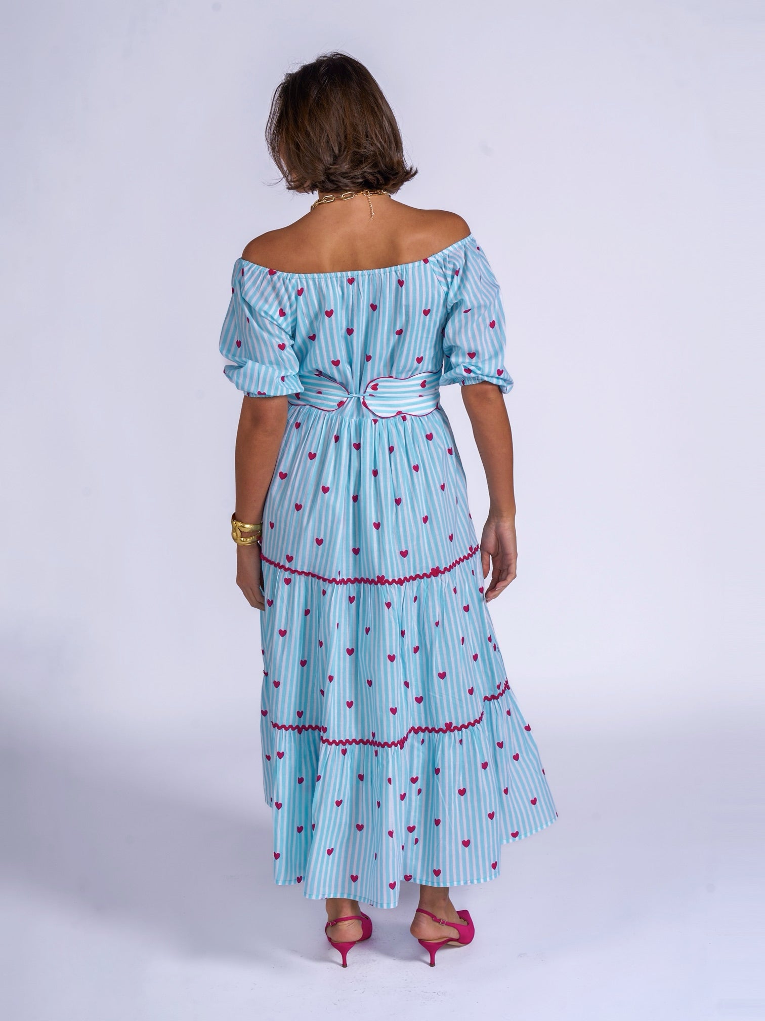 Back view heart print tiered midi dress blue stripe