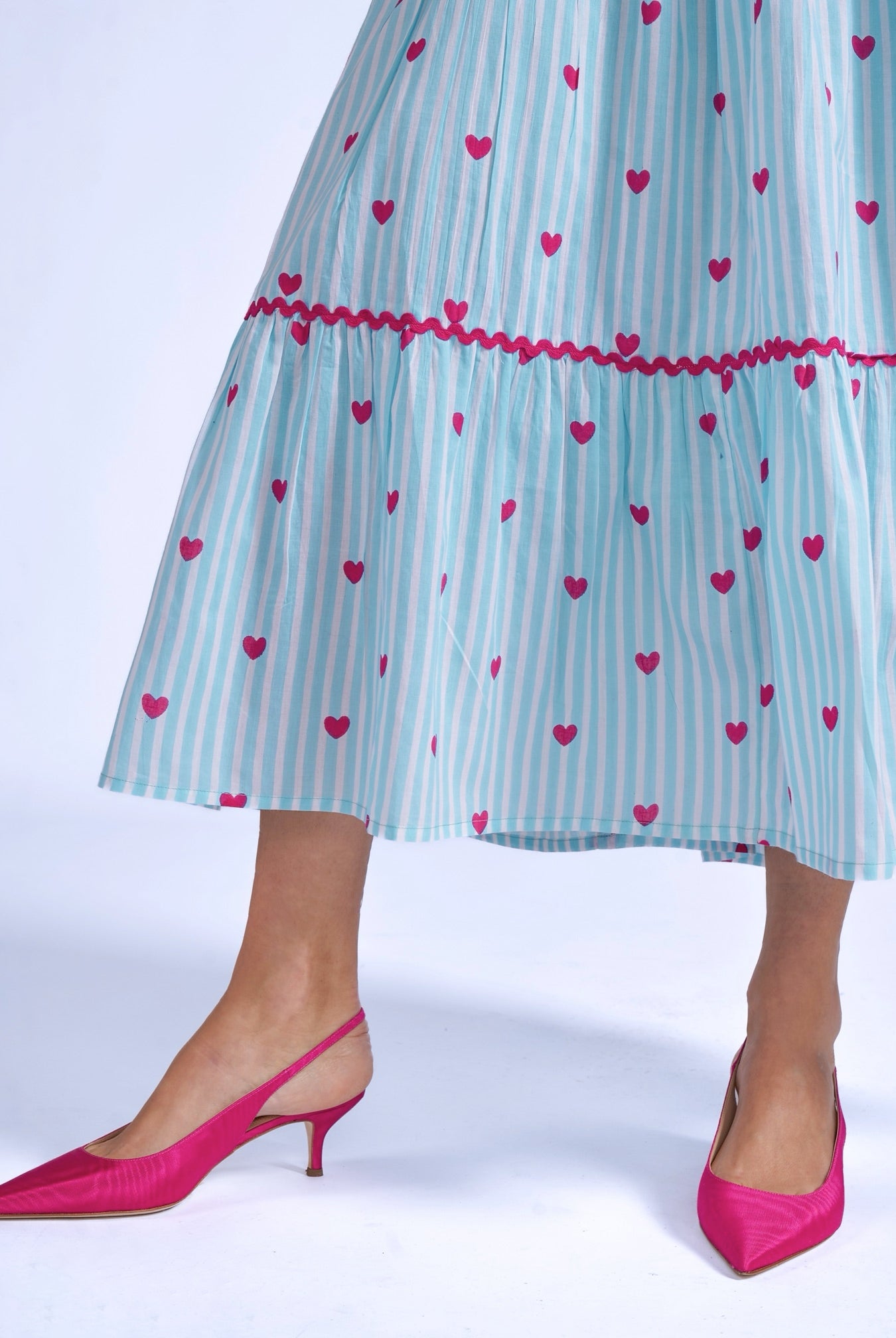 Tiered hem blue stripe midi dress heart print detail