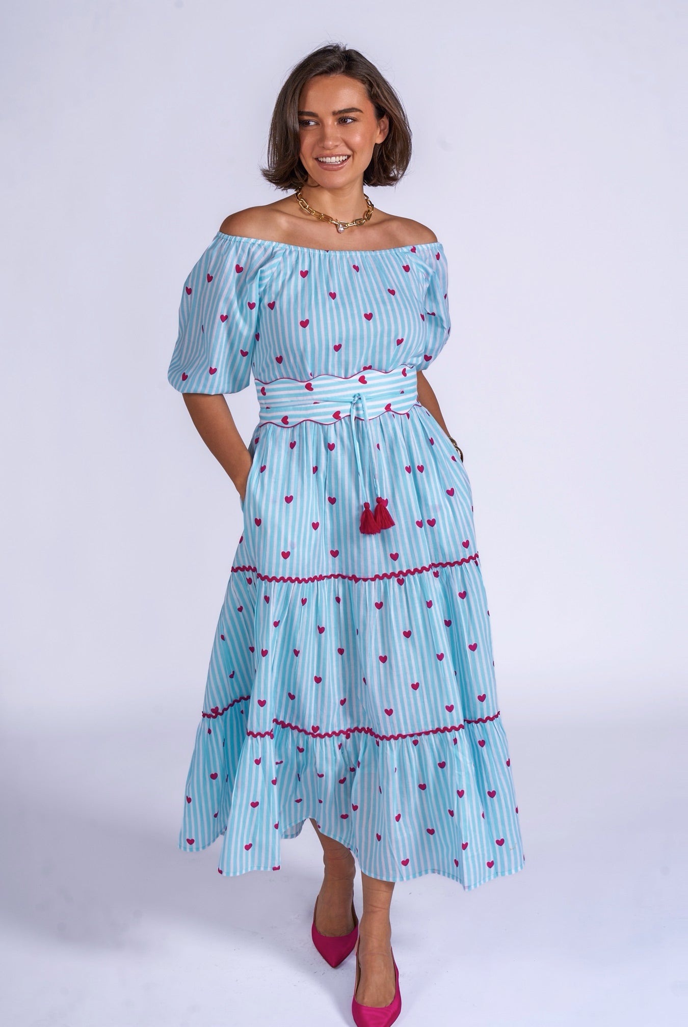 New Day Originals Michelle blue stripe midi dress pink heart print