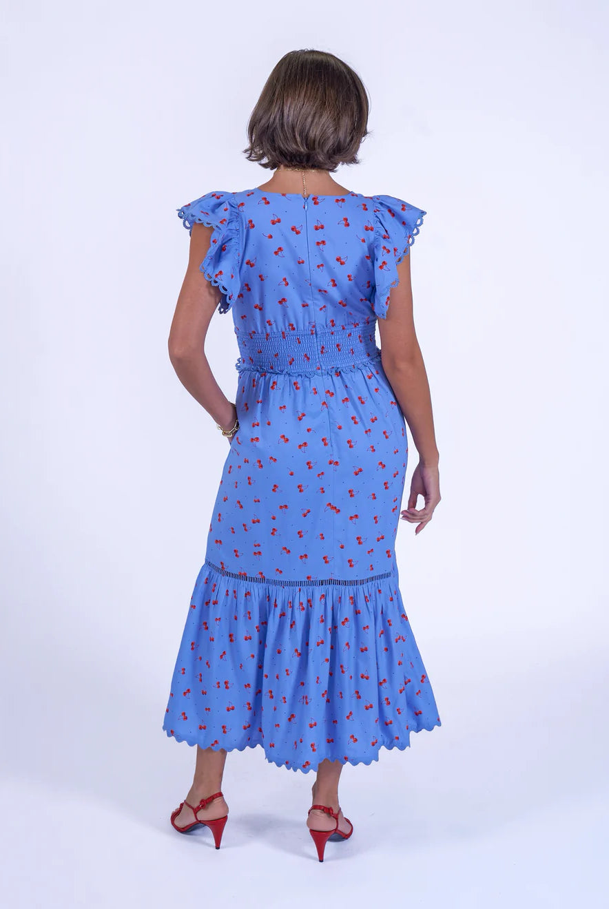 New Day Originals Misha blue cherry midi dress back zip detail