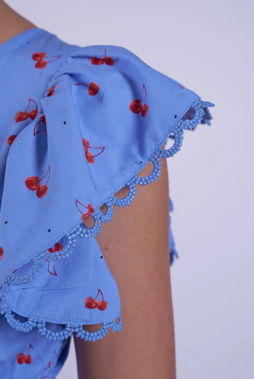 New Day Originals Misha blue cherry midi dress smocked waist detail