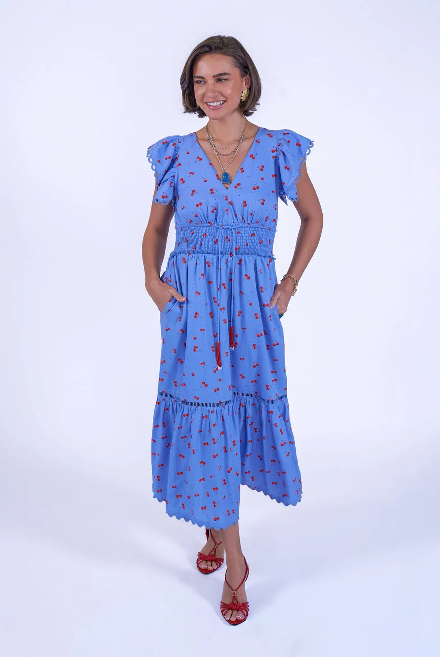 New Day Originals Misha blue cherry print midi dress front view