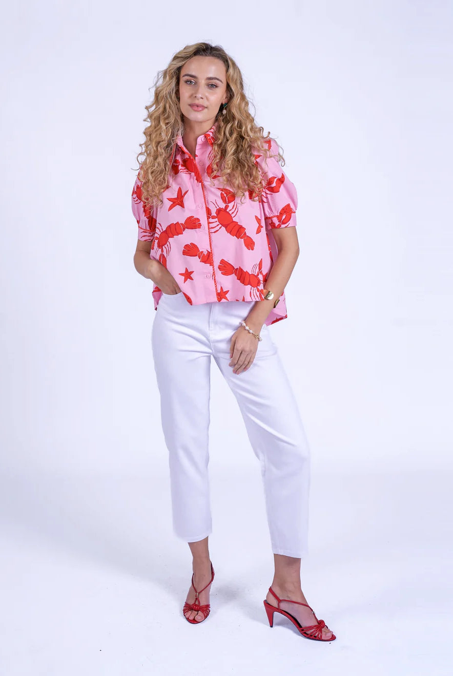 New Day Originals pink lobster print blouse red print front view