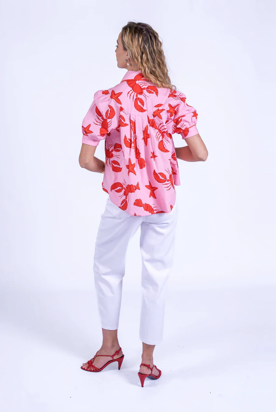 New Day Originals cotton poplin lobster print blouse with high low relaxed fit