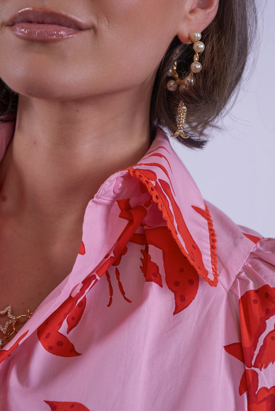 New Day Originals lobster print blouse lace collar detail close up