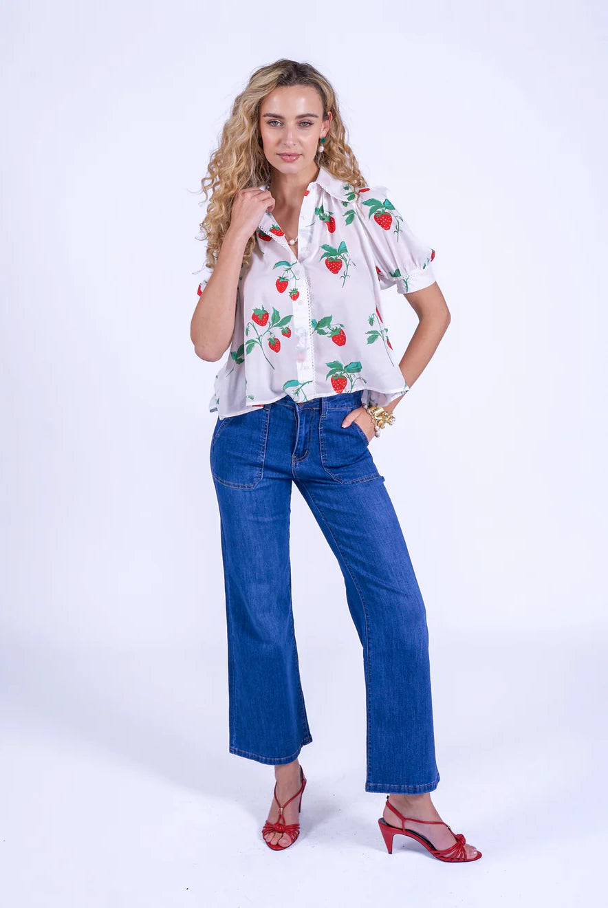 New Day Originals Paddington strawberry print cotton blouse front view