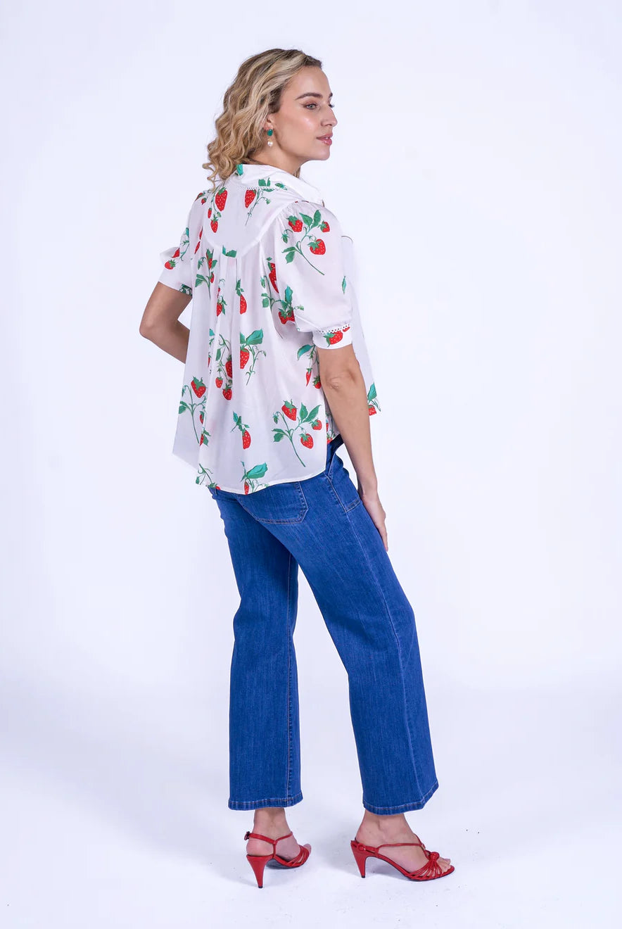 New Day Originals Paddington strawberry blouse back detail high low hem cotton