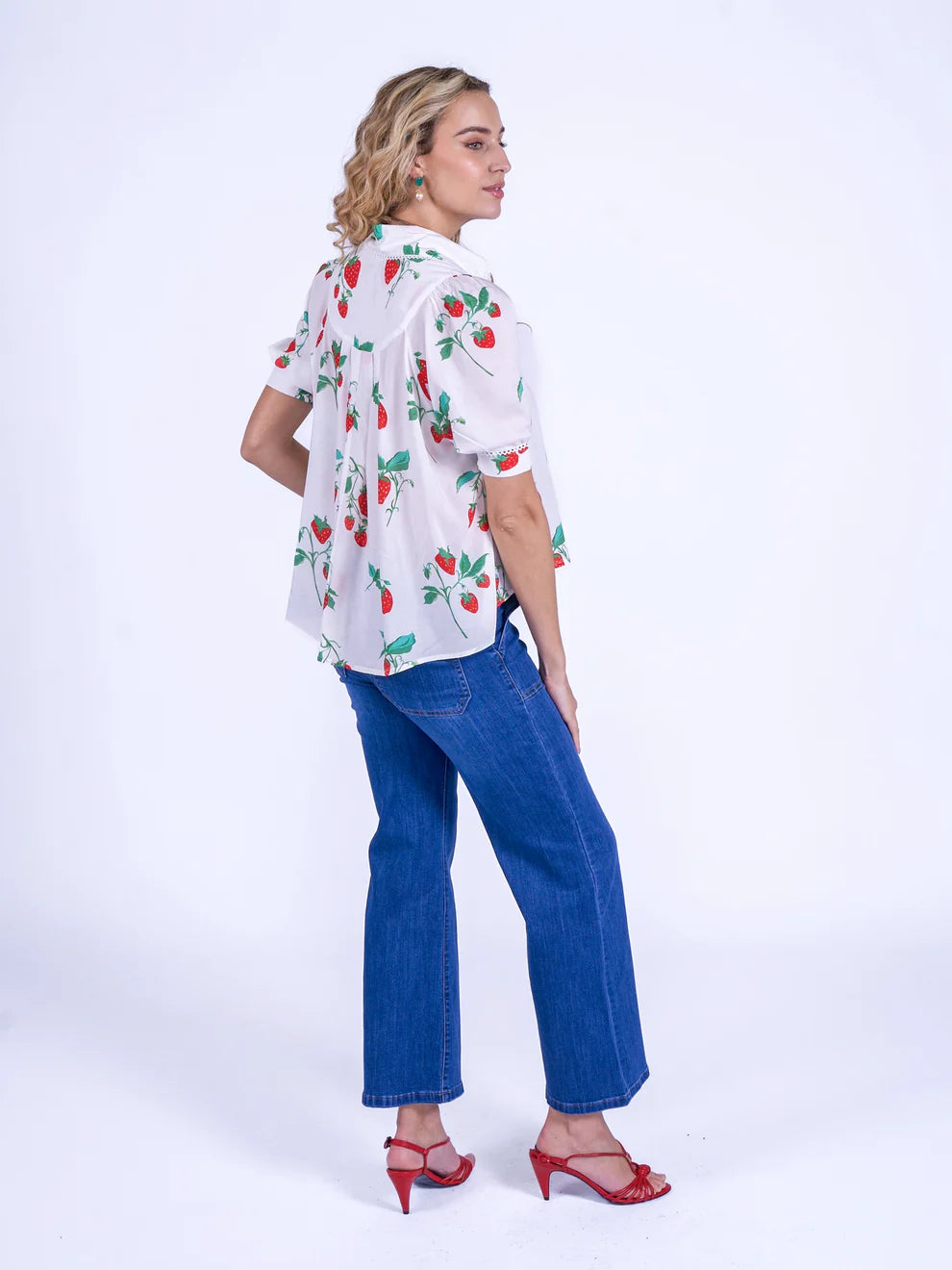 New Day Originals Paddington strawberry blouse back detail high low hem cotton