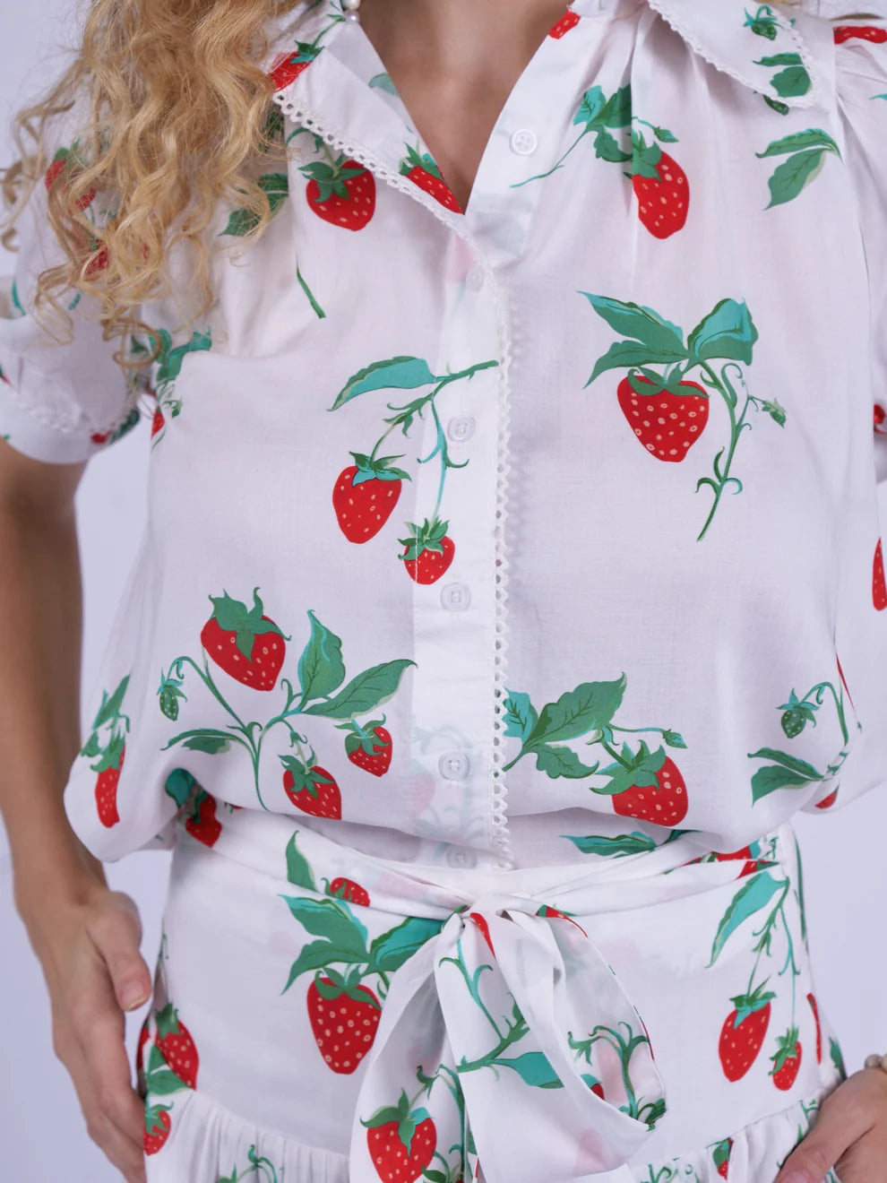 New Day Originals Paddington blouse strawberry print lace collar detail close up