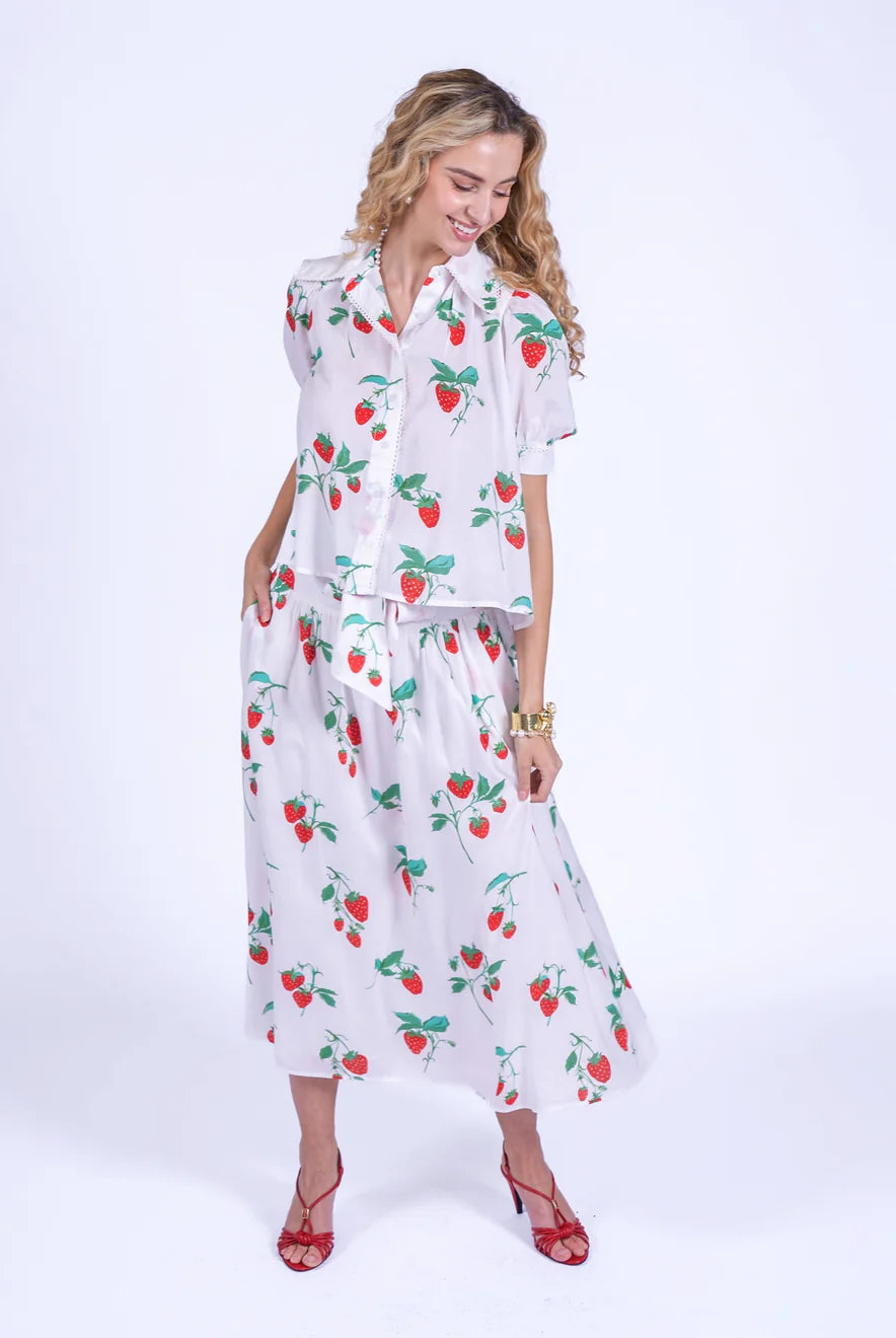 New Day Paddington strawberry print blouse worn with matching skirt