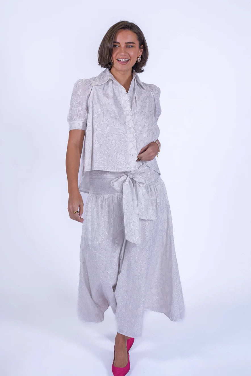 New Day Originals Paddington white blouse with silver thread cotton front view