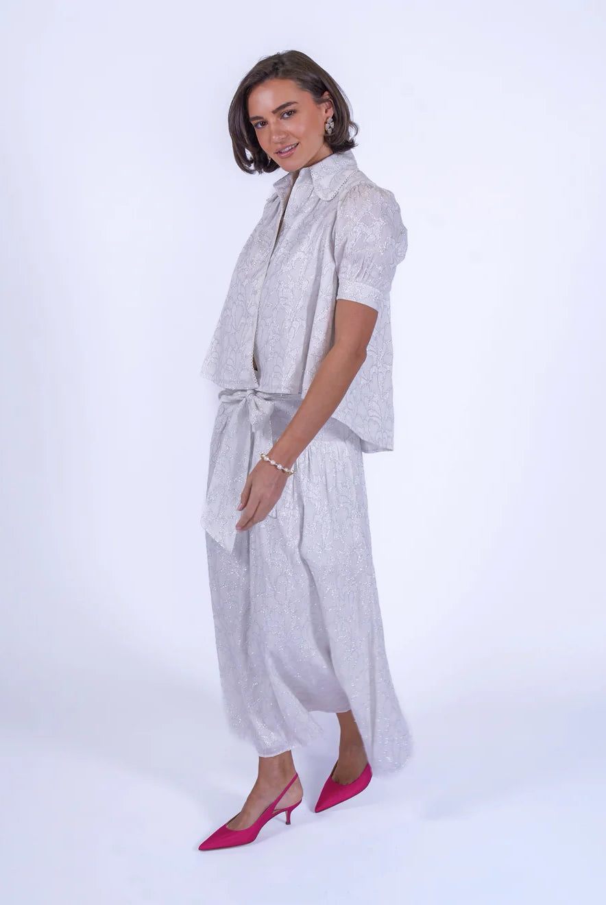 New Day Originals Paddington blouse lace white and silver with high low hem