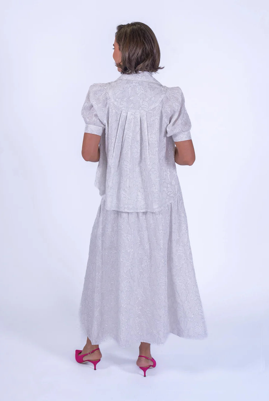 New Day Originals Paddington blouse white and silver back detail high low hem from back